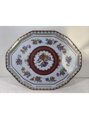 Vintage Daher England Tin Tray Floral Red Gold Octagon Metal Serving Plate
